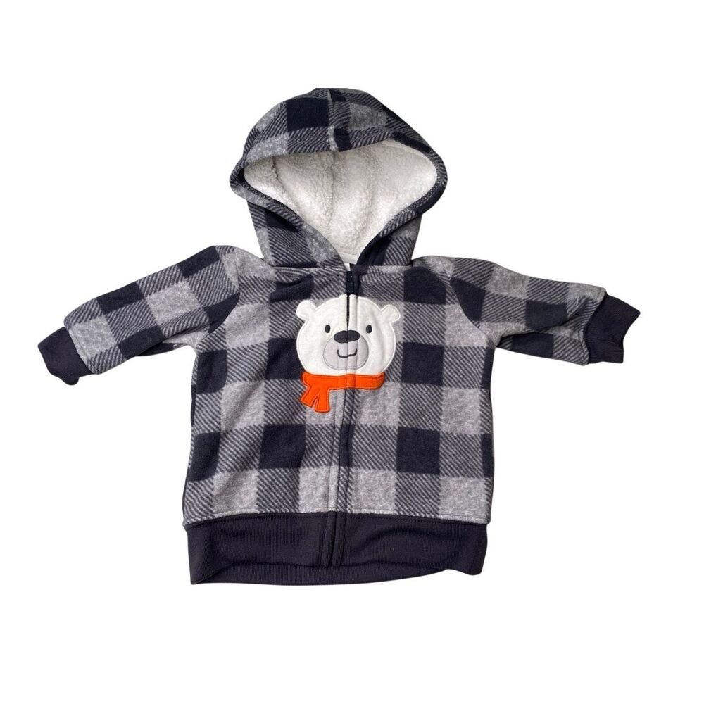 Carter’s Buffalo Plaid Sherpa Bear Hoodie Jacket Baby 3 Months Gray Black Warm